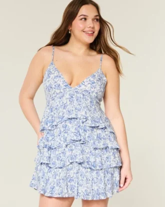 Babydoll-Minikleid mit V-Ausschnitt und Rüschen