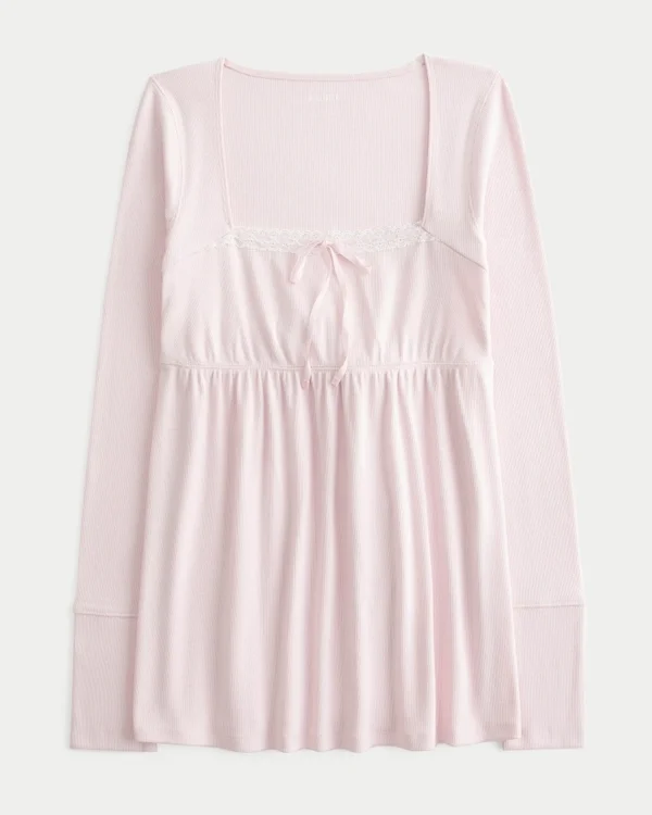 Babydoll-Oberteil mit langen Ärmeln und einfacher Spitzenverzierung Babydoll-Oberteil mit langen Ärmeln und einfacher Spitzenverzierung