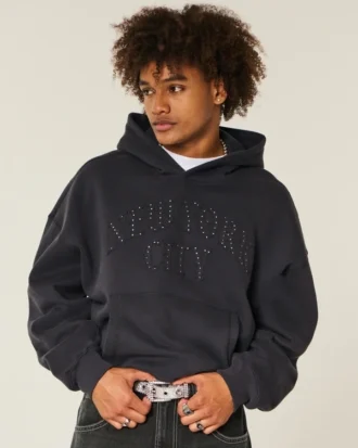 Baggy Cinch Studded New York City Graphic Hoodie