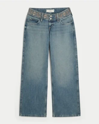 Baggy-Jeans mit ultra-niedriger Leibhöhe, mittlerer Waschung und Stickerei an der Taille Baggy-Jeans mit ultra-niedriger Leibhöhe, mittlerer Waschung und Stickerei an der Taille