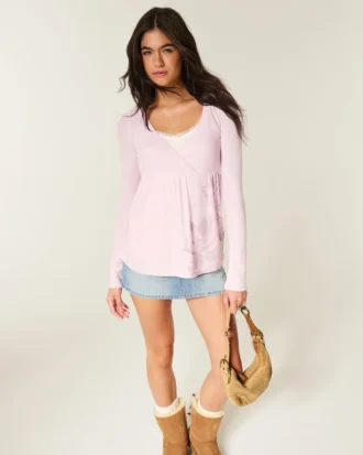 Bequemes Babydoll-Oberteil mit Blumenmuster und langen Ärmeln