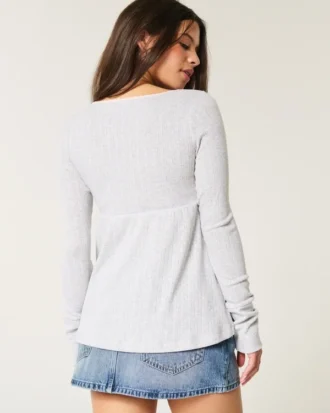 Bequemes Langarm-Babydoll-Oberteil mit Pointelle-Strick