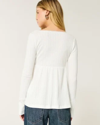 Bequemes Langarm-Babydoll-Oberteil mit Pointelle-Strick