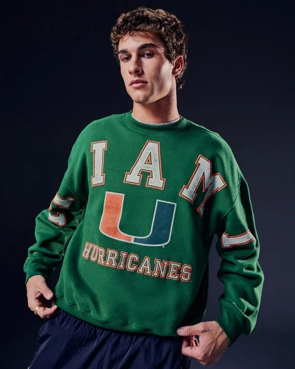 Boxy University of Miami Hurricanes Graphic Crew Sweatshirt Boxy University of Miami Hurricanes Graphic Crew Sweatshirt