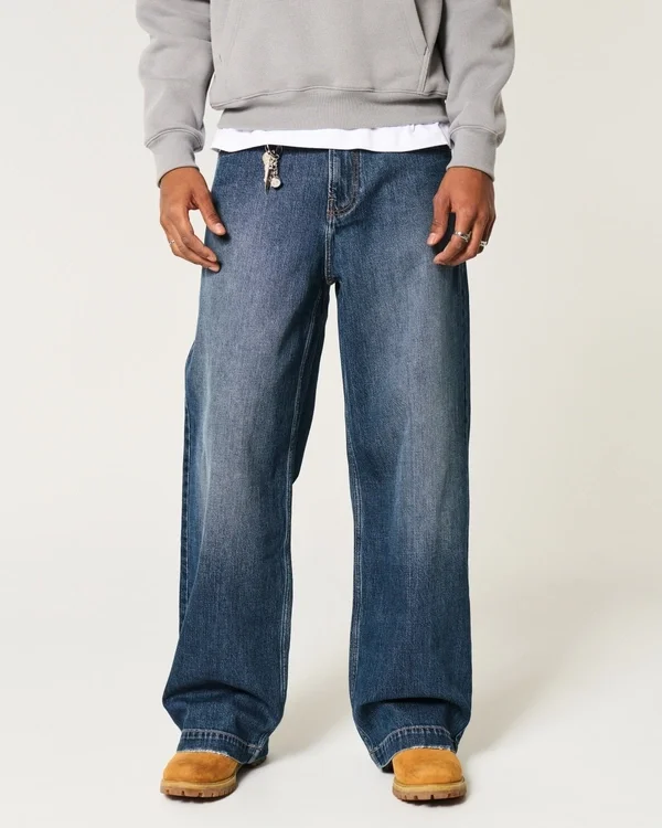 Dunkel gewaschene Jeans mit Logo-Stickerei Super Baggy Jeans Dunkel gewaschene Jeans mit Logo-Stickerei Super Baggy Jeans