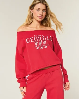 Easy Double Off-the-Shoulder Sweatshirt mit Grafik der University of Georgia