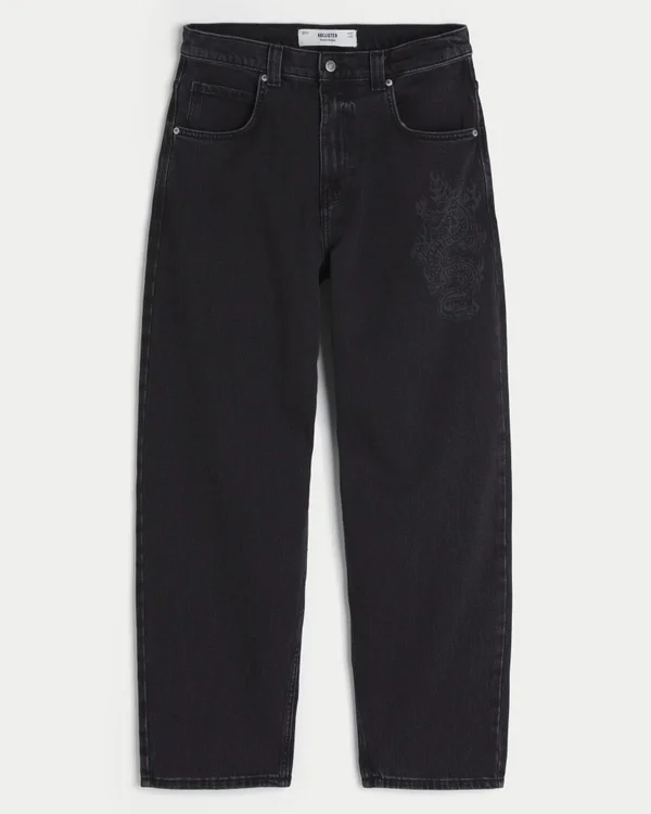 Gewaschene schwarze Baggy-Jeans mit Drachenmotiv Gewaschene schwarze Baggy-Jeans mit Drachenmotiv