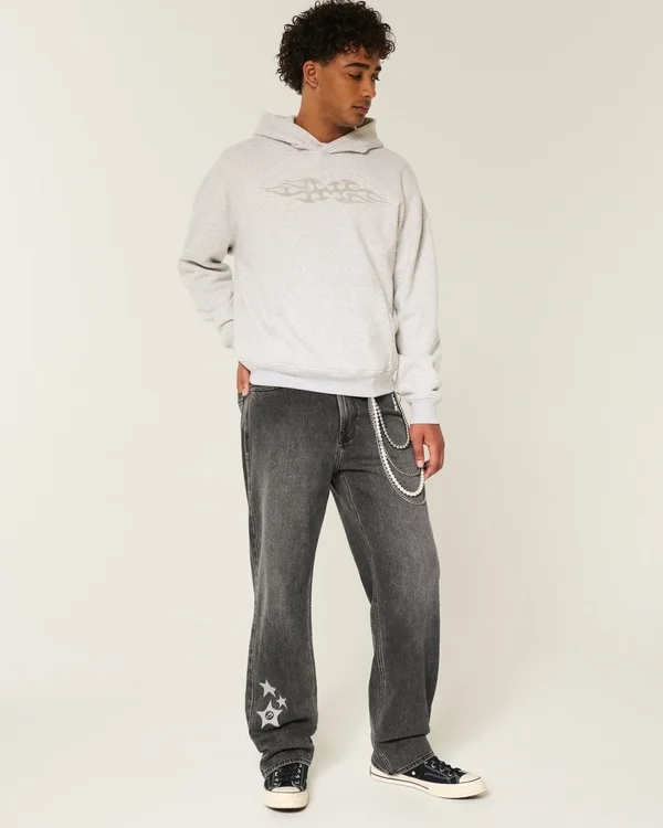 Gewaschene schwarze Baggy-Jeans mit Stern-Grafik Gewaschene schwarze Baggy-Jeans mit Stern-Grafik