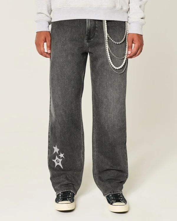 Gewaschene schwarze Baggy-Jeans mit Stern-Grafik Gewaschene schwarze Baggy-Jeans mit Stern-Grafik