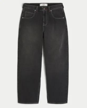 Gewaschene schwarze Skater-Baggy-Jeans mit Good Luck-Stickerei