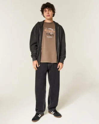 Gewaschene schwarze Skater-Baggy-Jeans mit Nähten