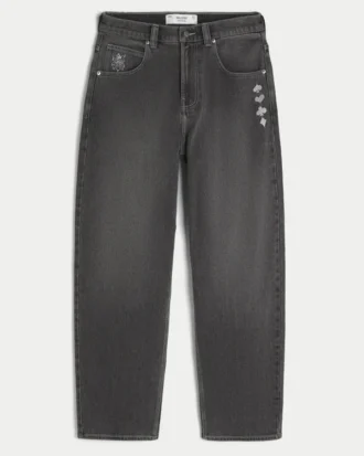 Gewaschene schwarze Skater-Baggy-Jeans mit Spielkarten-Joker-Grafik