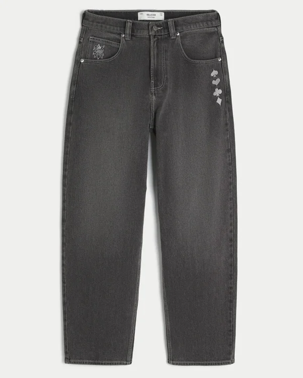 Gewaschene schwarze Skater-Baggy-Jeans mit Spielkarten-Joker-Grafik Gewaschene schwarze Skater-Baggy-Jeans mit Spielkarten-Joker-Grafik