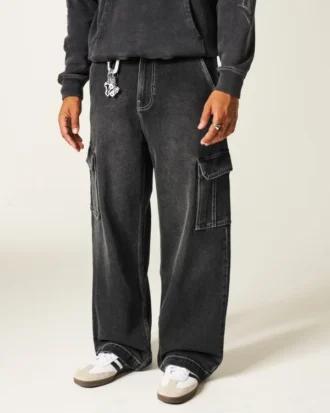 Gewaschene schwarze Super-Baggy-Cargo-Jeans Gewaschene schwarze Super-Baggy-Cargo-Jeans