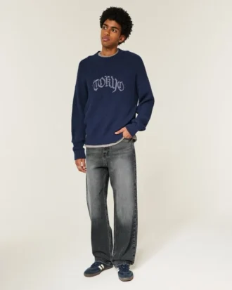 Graue Baggy-Jeans mit Herz-Grafik