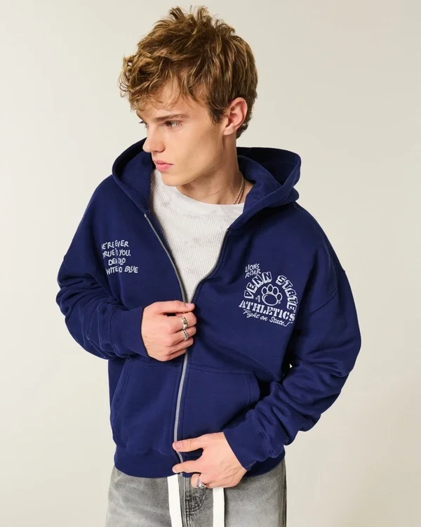 Kastenförmiger Zip-Up-Hoodie mit Penn State University Nittany Lions-Grafik Kastenförmiger Zip-Up-Hoodie mit Penn State University Nittany Lions-Grafik