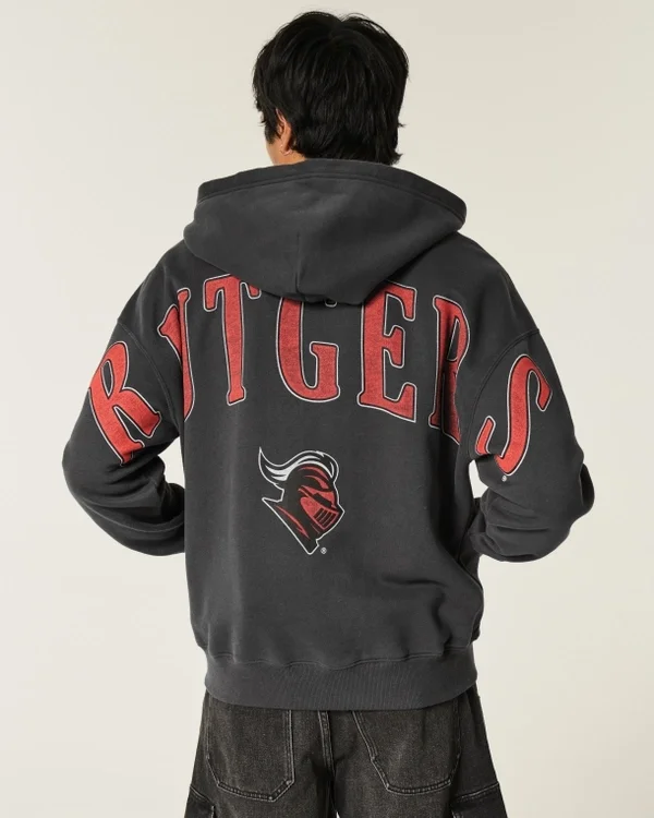 Kastenförmiger Zip-Up-Hoodie mit Rutgers University-Grafik Kastenförmiger Zip-Up-Hoodie mit Rutgers University-Grafik