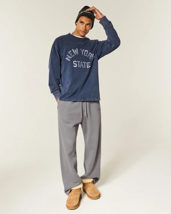 Kastig geschnittenes, schweres Langarm-T-Shirt mit New York State-Grafik Kastig geschnittenes, schweres Langarm-T-Shirt mit New York State-Grafik