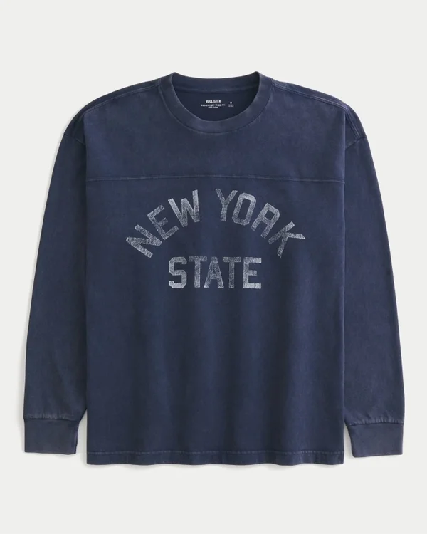 Kastig geschnittenes, schweres Langarm-T-Shirt mit New York State-Grafik Kastig geschnittenes, schweres Langarm-T-Shirt mit New York State-Grafik