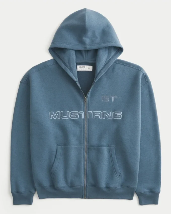 Kastiger Hoodie mit Reißverschluss und Ford Mustang-Grafik Kastiger Hoodie mit Reißverschluss und Ford Mustang-Grafik