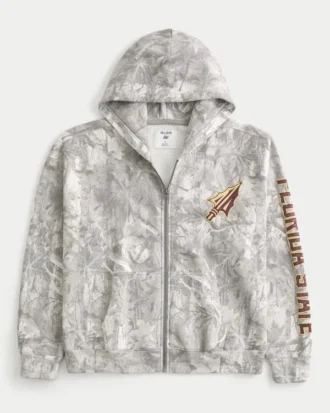 Kastiger Zip-Up-Hoodie mit Florida State University-Grafik und Camouflage-Muster