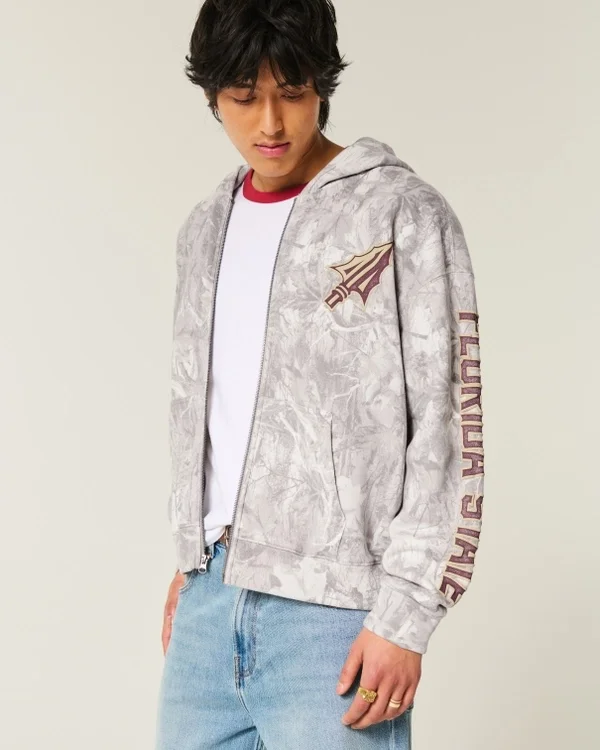 Kastiger Zip-Up-Hoodie mit Florida State University-Grafik und Camouflage-Muster Kastiger Zip-Up-Hoodie mit Florida State University-Grafik und Camouflage-Muster