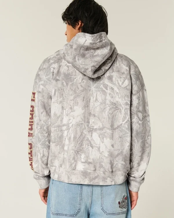 Kastiger Zip-Up-Hoodie mit Florida State University-Grafik und Camouflage-Muster Kastiger Zip-Up-Hoodie mit Florida State University-Grafik und Camouflage-Muster