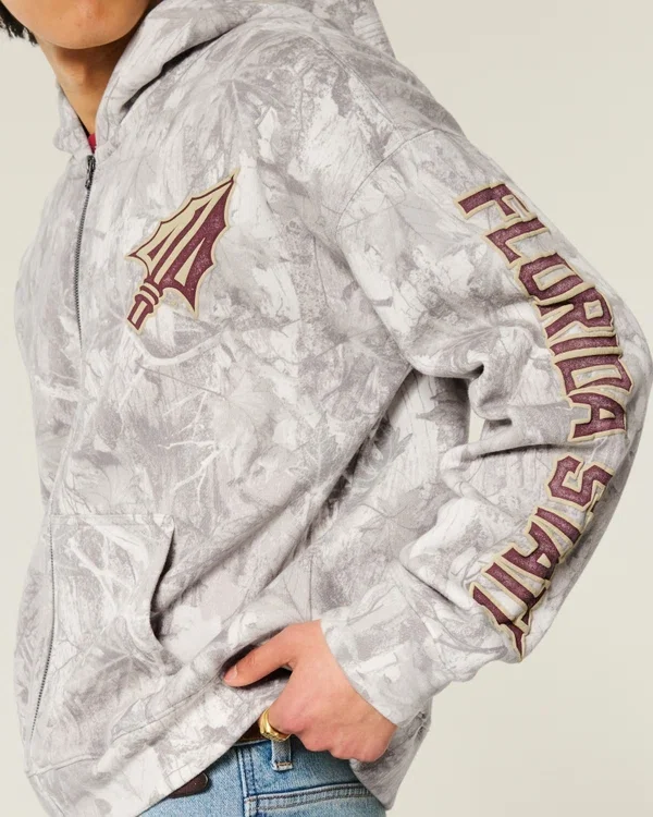 Kastiger Zip-Up-Hoodie mit Florida State University-Grafik und Camouflage-Muster Kastiger Zip-Up-Hoodie mit Florida State University-Grafik und Camouflage-Muster