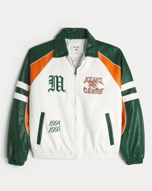 Kunstlederjacke mit Grafik der University of Miami Hurricanes Kunstlederjacke mit Grafik der University of Miami Hurricanes