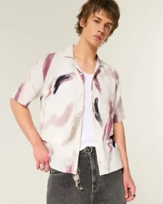 Kurzärmeliges Hemd aus Leinenmischung mit Muster