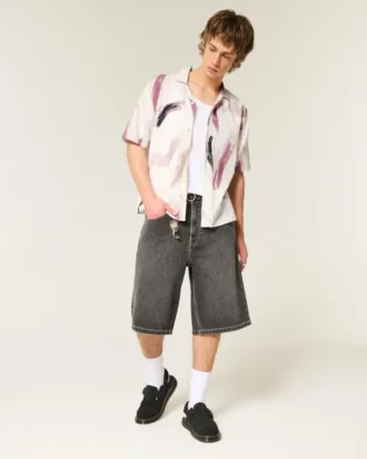 Kurzärmeliges Hemd aus Leinenmischung mit Muster