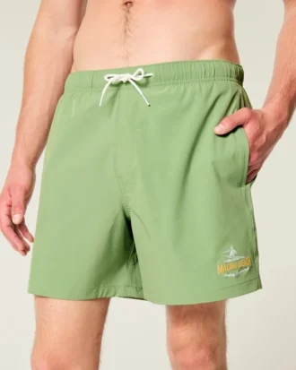 Malibu Beach Graphic Mid-Thigh Volley Swim Trunks Malibu Beach Graphic Mid-Thigh Volley Swim Trunks