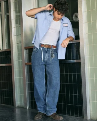 Medium Wash Star Graphic Skater Baggy Jeans