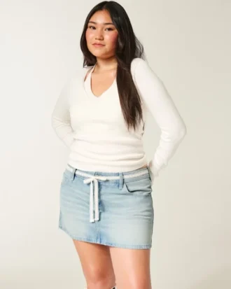 Mini-Skort aus Denim mit niedriger Taille und Schnürung
