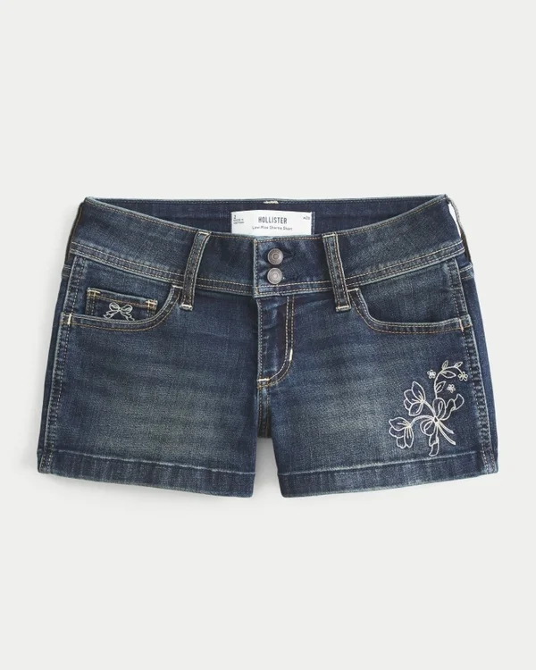 Niedrig geschnittene, dunkel gewaschene, bestickte Denim-Shorts Niedrig geschnittene, dunkel gewaschene, bestickte Denim-Shorts