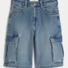 Superbaggy-Cargoshorts aus mittelblau gewaschenem Denim