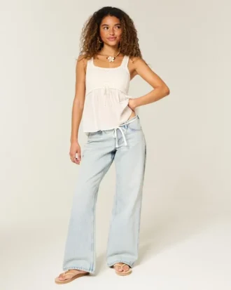 Ultra Low-Rise Light Wash Mini Waistband Shoelace Baggy Jeans Ultra Low-Rise Light Wash Mini Waistband Shoelace Baggy Jeans