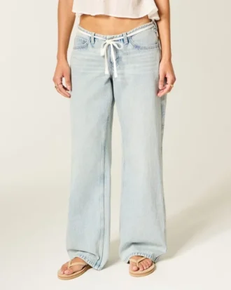 Ultra Low-Rise Light Wash Mini Waistband Shoelace Baggy Jeans Ultra Low-Rise Light Wash Mini Waistband Shoelace Baggy Jeans