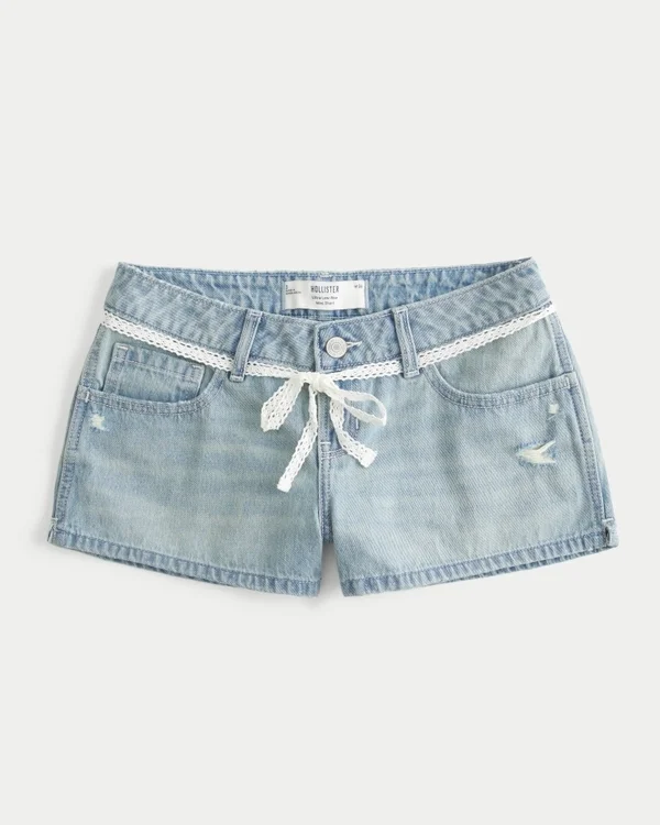 Ultra-niedrige Leibhöhe, hell gewaschene Denim-Mini-Shorts mit Spitzenband Ultra-niedrige Leibhöhe, hell gewaschene Denim-Mini-Shorts mit Spitzenband