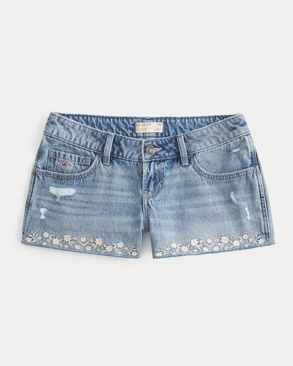Ultra-niedrige Mini-Shorts aus besticktem Denim Ultra-niedrige Mini-Shorts aus besticktem Denim