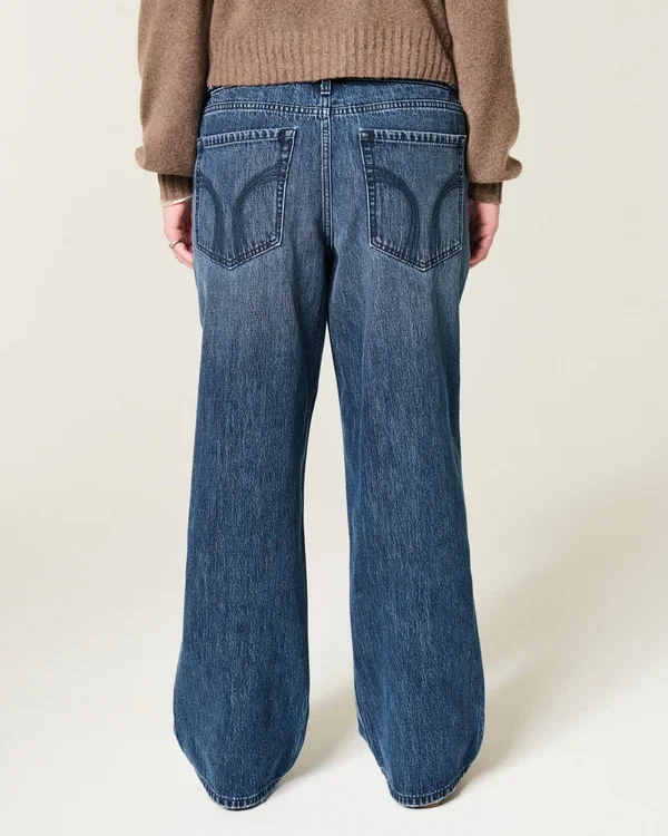 Verstellbare Taille, niedrige Leibhöhe, dunkle Waschung, Baggy-Jeans Verstellbare Taille, niedrige Leibhöhe, dunkle Waschung, Baggy-Jeans