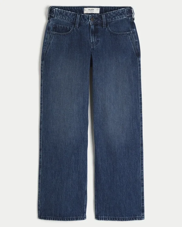 Verstellbare Taille, niedrige Leibhöhe, dunkle Waschung, Baggy-Jeans Verstellbare Taille, niedrige Leibhöhe, dunkle Waschung, Baggy-Jeans