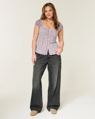 Verstellbare Taille, niedrige Leibhöhe, gewaschene schwarze Baggy-Jeans