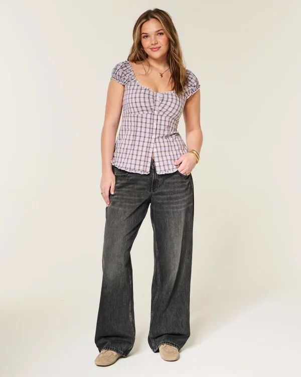 Verstellbare Taille, niedrige Leibhöhe, gewaschene schwarze Baggy-Jeans Verstellbare Taille, niedrige Leibhöhe, gewaschene schwarze Baggy-Jeans