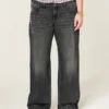 Verstellbare Taille, niedrige Leibhöhe, gewaschene schwarze Baggy-Jeans Verstellbare Taille, niedrige Leibhöhe, gewaschene schwarze Baggy-Jeans