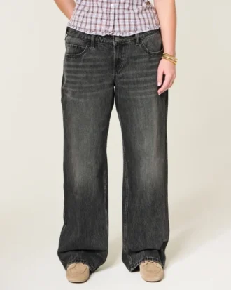 Verstellbare Taille, niedrige Leibhöhe, gewaschene schwarze Baggy-Jeans