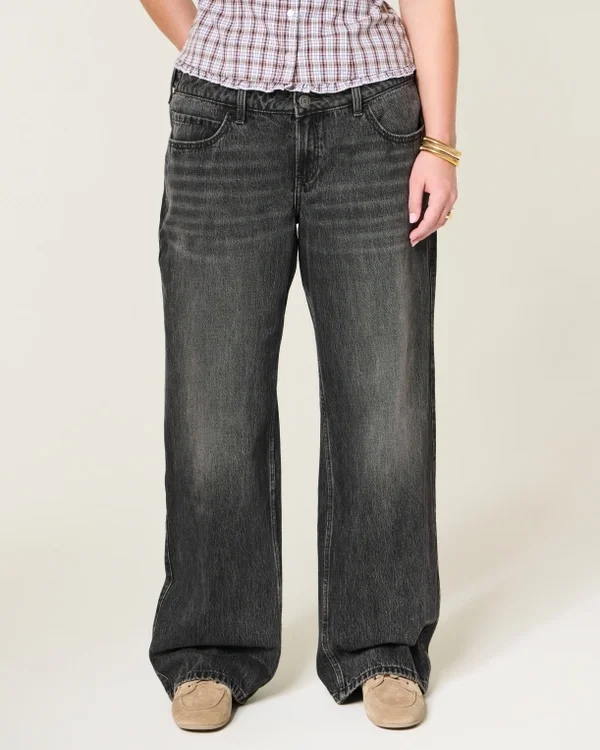 Verstellbare Taille, niedrige Leibhöhe, gewaschene schwarze Baggy-Jeans Verstellbare Taille, niedrige Leibhöhe, gewaschene schwarze Baggy-Jeans
