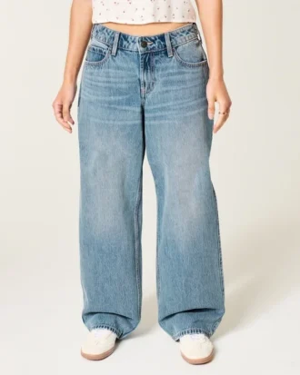 Verstellbare Taille, niedrige Leibhöhe, mittelblaue Baggy-Jeans