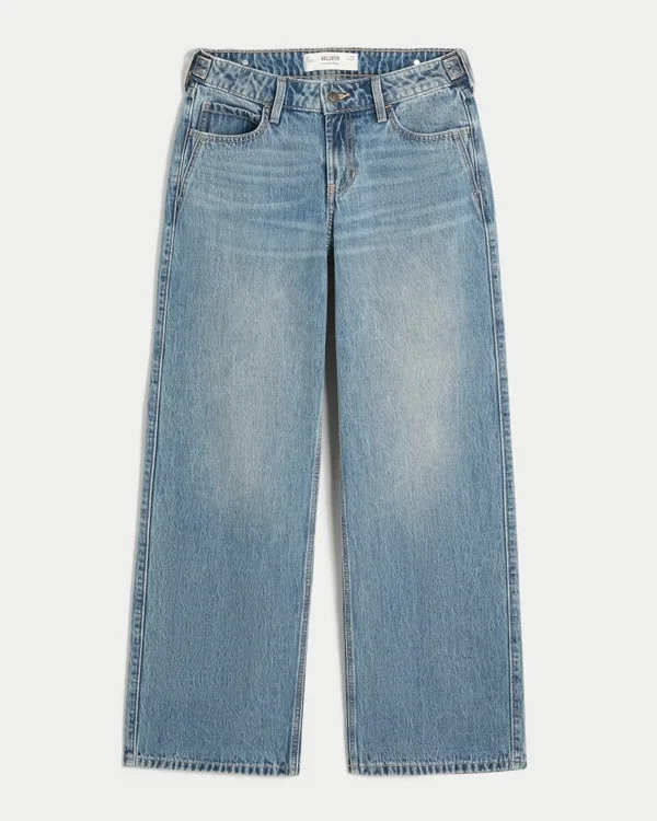 Verstellbare Taille, niedrige Leibhöhe, mittelblaue Baggy-Jeans Verstellbare Taille, niedrige Leibhöhe, mittelblaue Baggy-Jeans