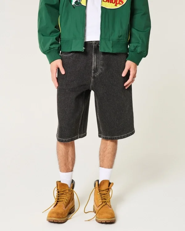 Washed Black Cat Graphic Super Baggy Denim Shorts Washed Black Cat Graphic Super Baggy Denim Shorts